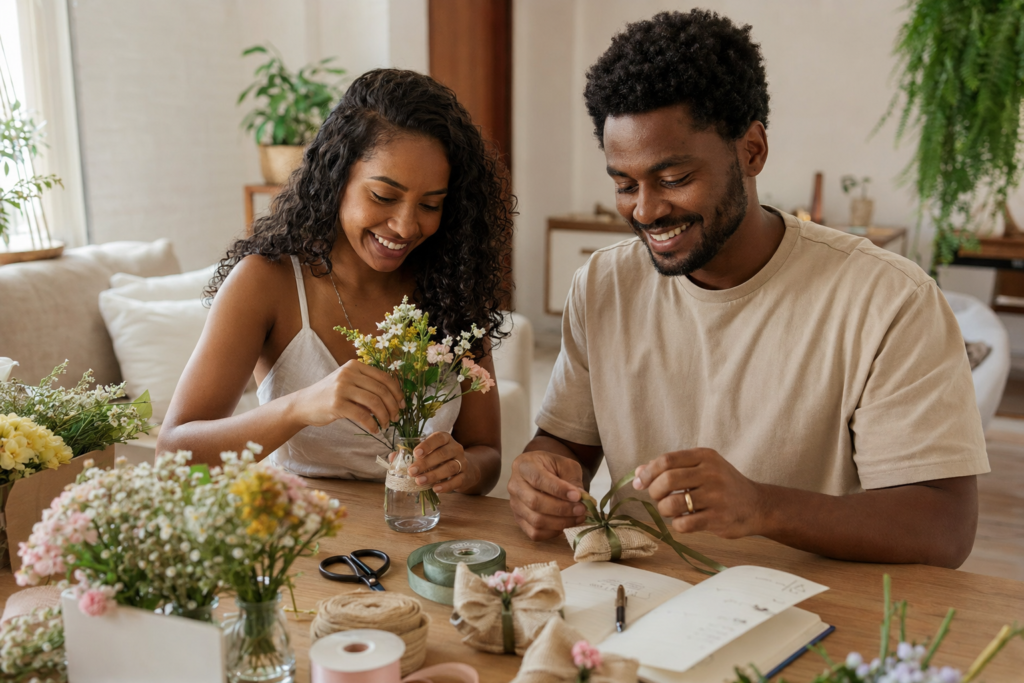 Casal montando a decoração do casamento em casa, economizando sem abrir mão do sonho
