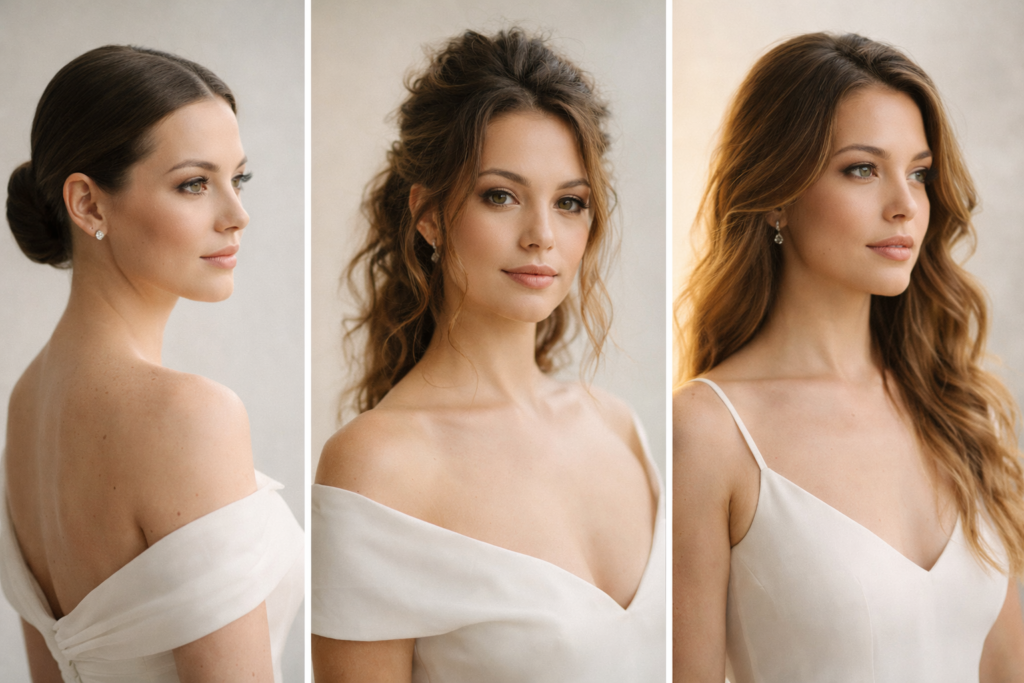 Tipos de penteado de noiva 2026, coque baixo liso, semi-preso e ondas soltas