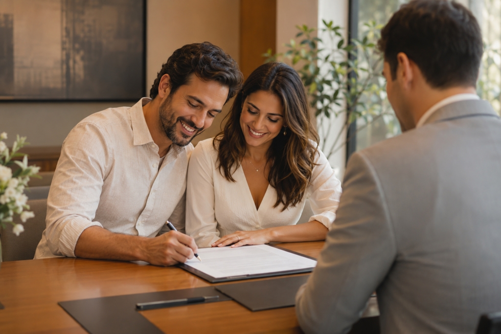 Casal formalizando a conversão de união estável em casamento no cartório de registro civil