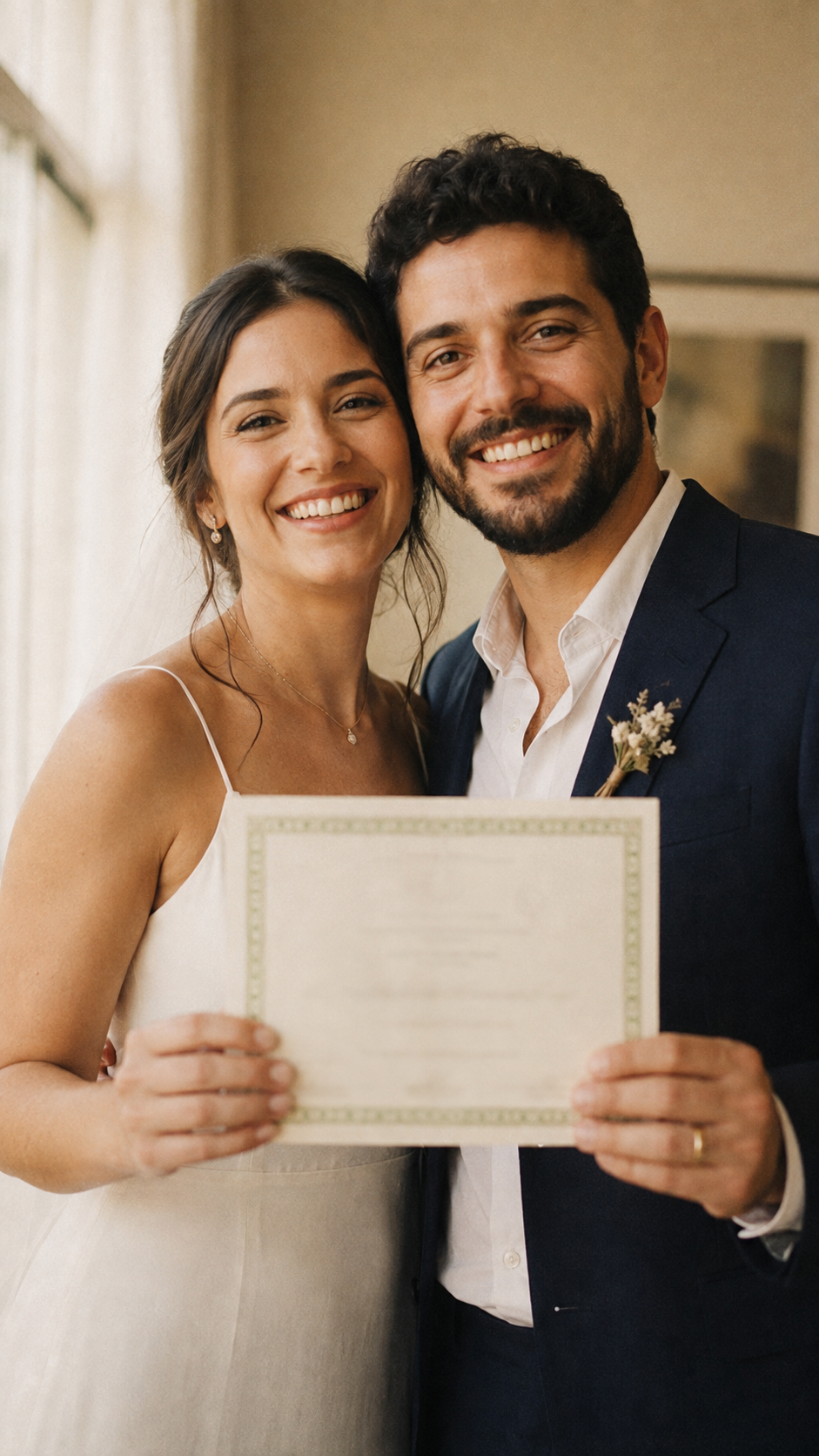 Casal feliz após converter a união estável em casamento, com a certidão em mãos