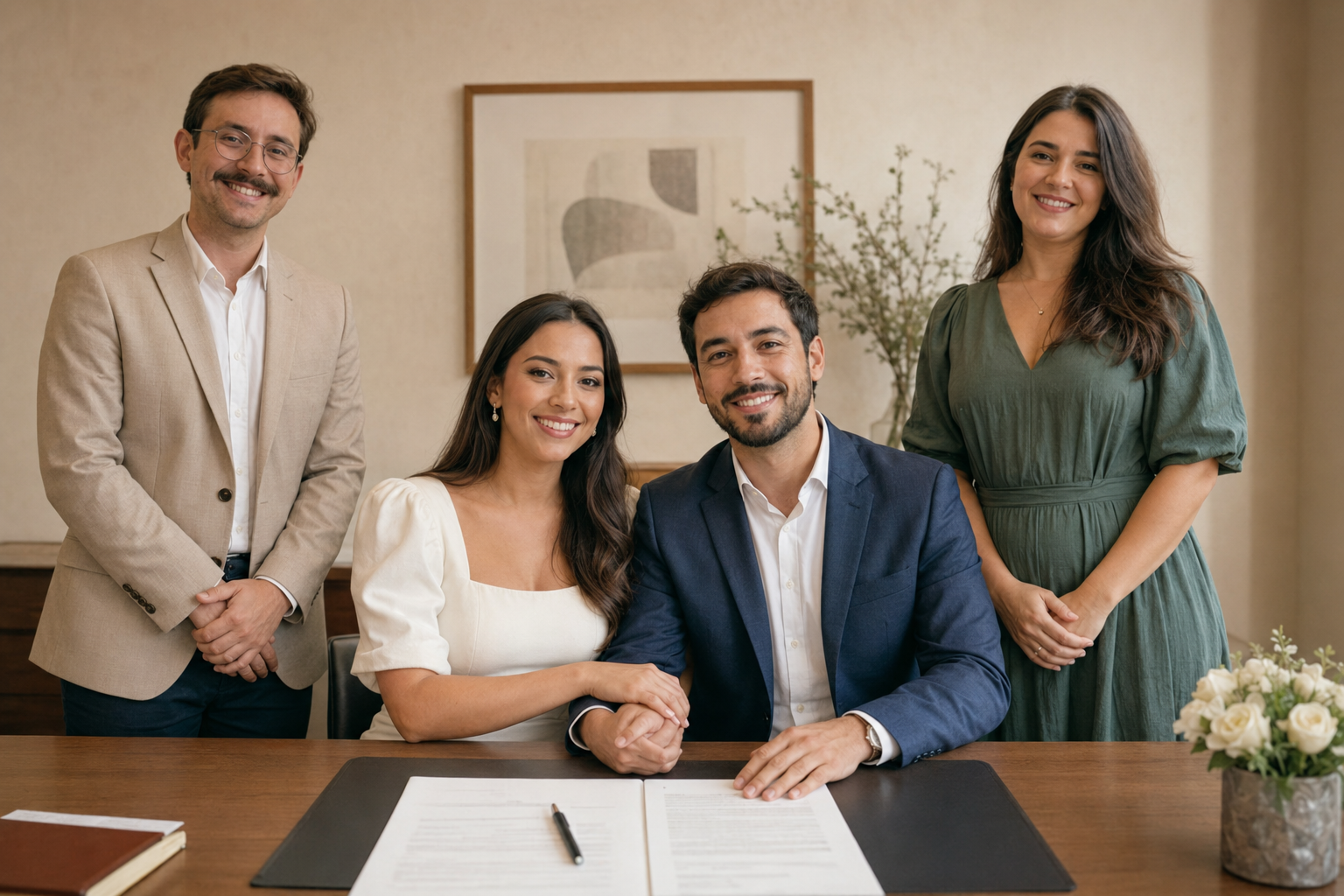 Casal com duas testemunhas e documentos no cartório para a conversão da união estável