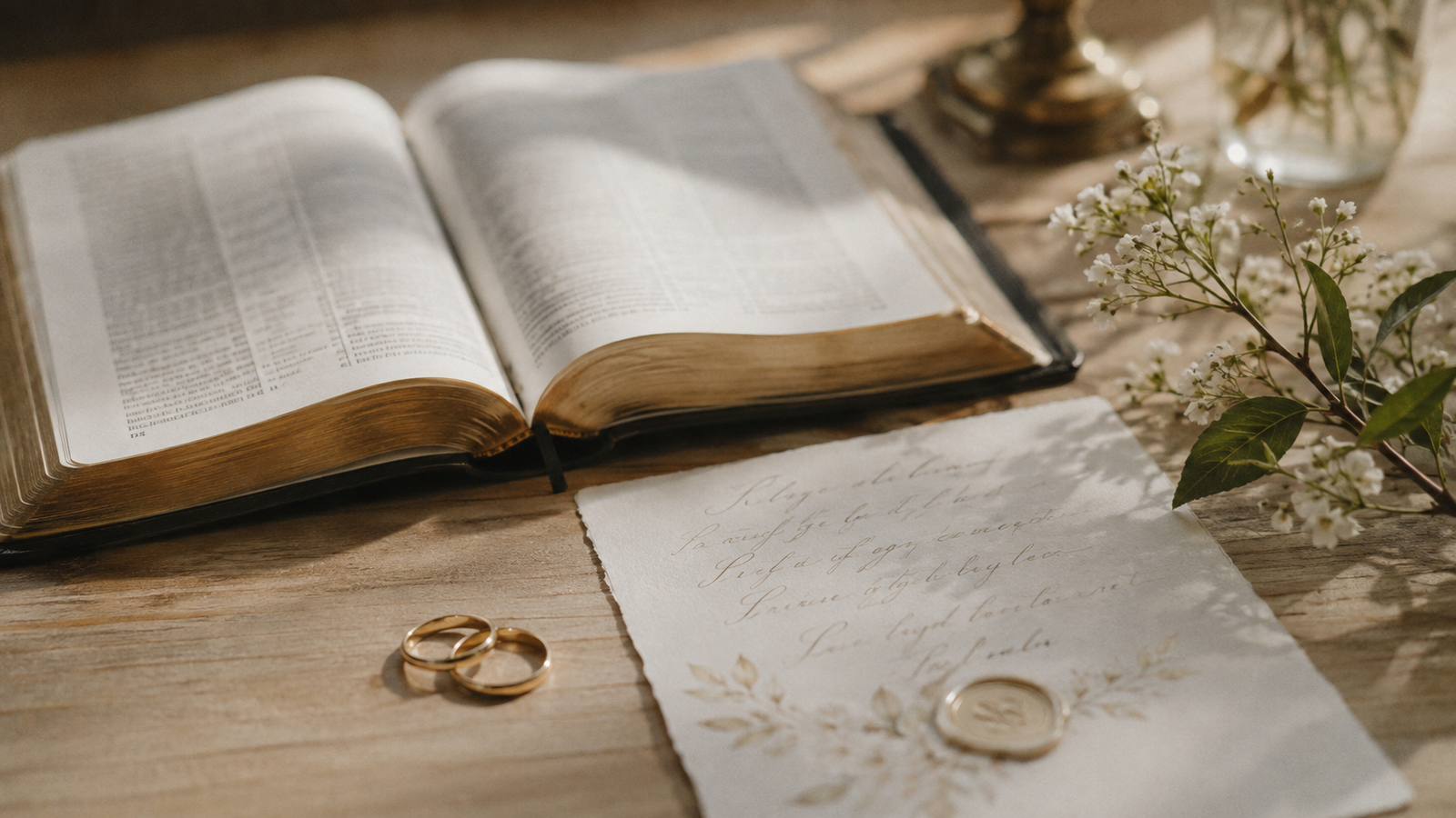 Bíblia aberta ao lado de um convite de casamento, representando a escolha do versículo para o convite