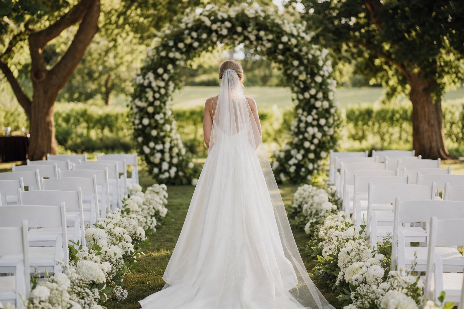 noiva de costas caminhando ao ar livre em direção ao arco de flores do casamento
