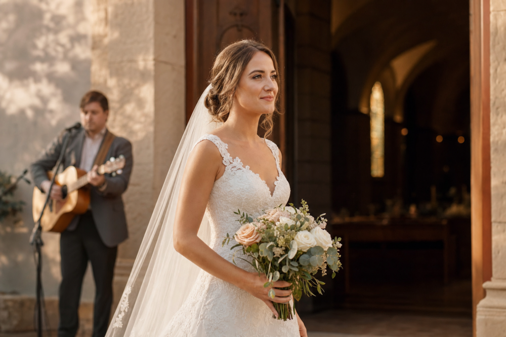 noiva branca caminhando para a cerimônia de casamento evangélico com expressão serena