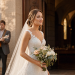 noiva branca caminhando para a cerimônia de casamento evangélico com expressão serena