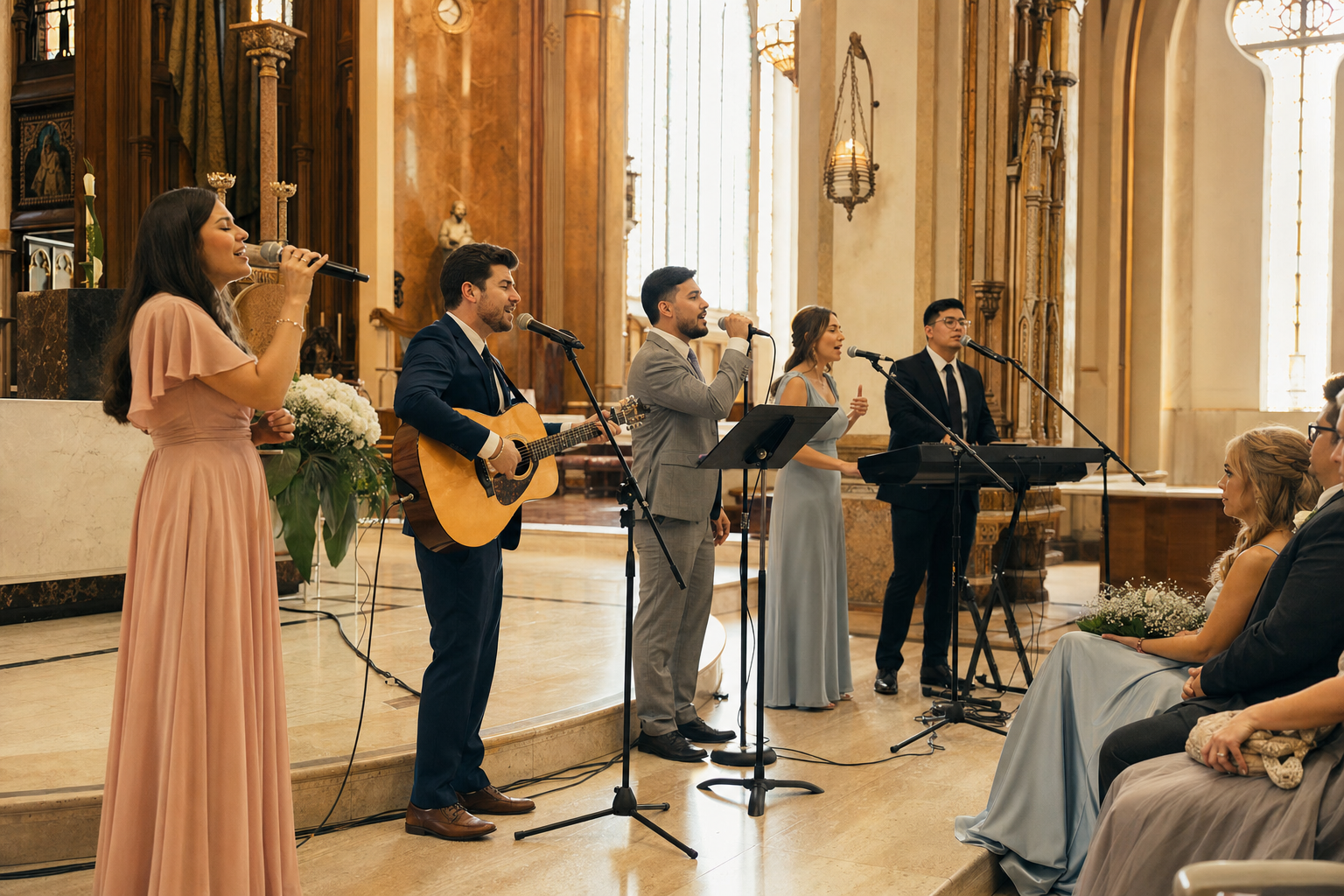 ministério de louvor cantando durante a cerimônia de casamento evangélico
