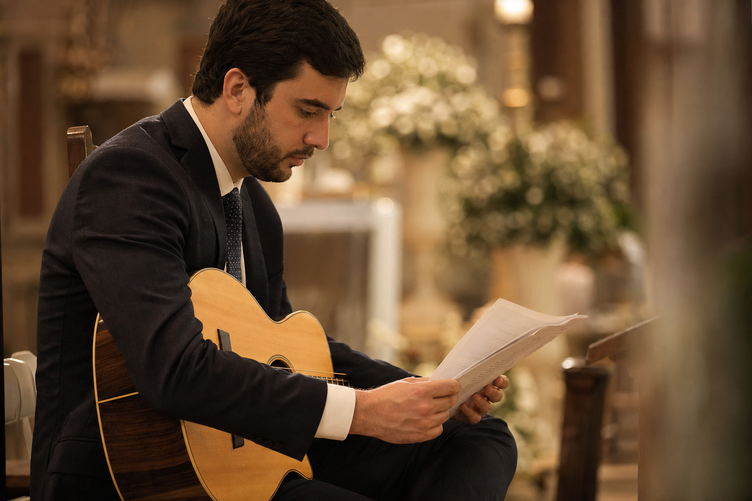 músico com violão segurando o roteiro impresso do casamento