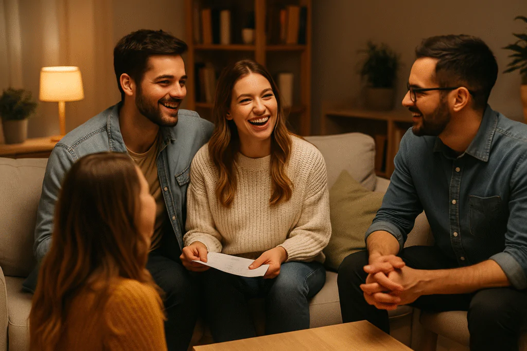 Casal discutindo escolha de padrinhos com amigos próximos