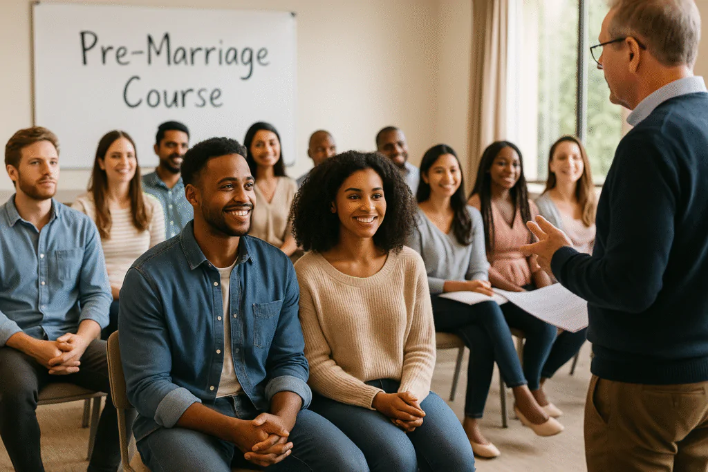 Casais participando de curso de noivos em sala de aula