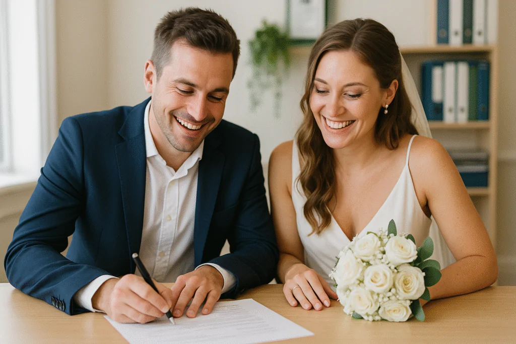 Casal assinando documentos de casamento civil no cartório