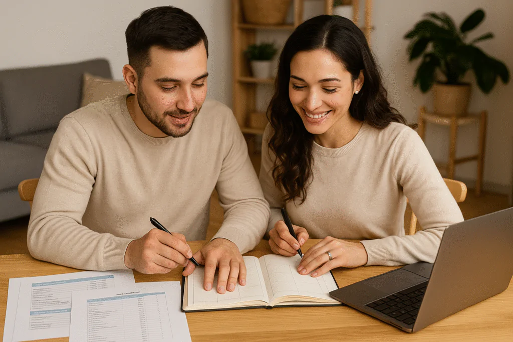 Casal organizando o cronograma do casamento com planilhas, agenda e computador