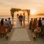 Cerimônia de casamento na praia com altar decorado e cenário natural