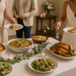 Mesa de buffet de casamento com pratos simples e bem apresentados, como escondidinho, salada de grãos e frango assado, servidos em ambiente decorado de forma elegante e econômica