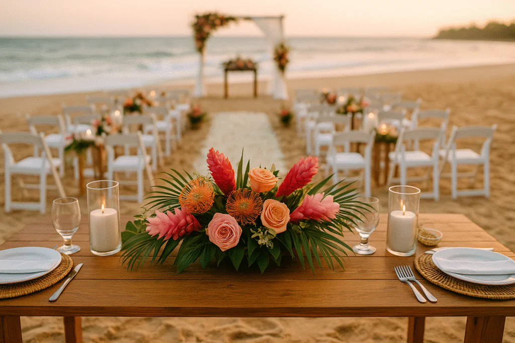 Mesa decorada para casamento na praia com elementos tropicais e elegância